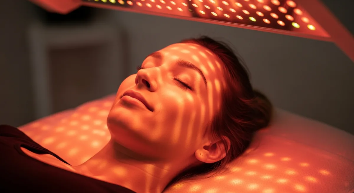 Woman receiving a full-body photobiomodulation treatment in a red light therapy bed